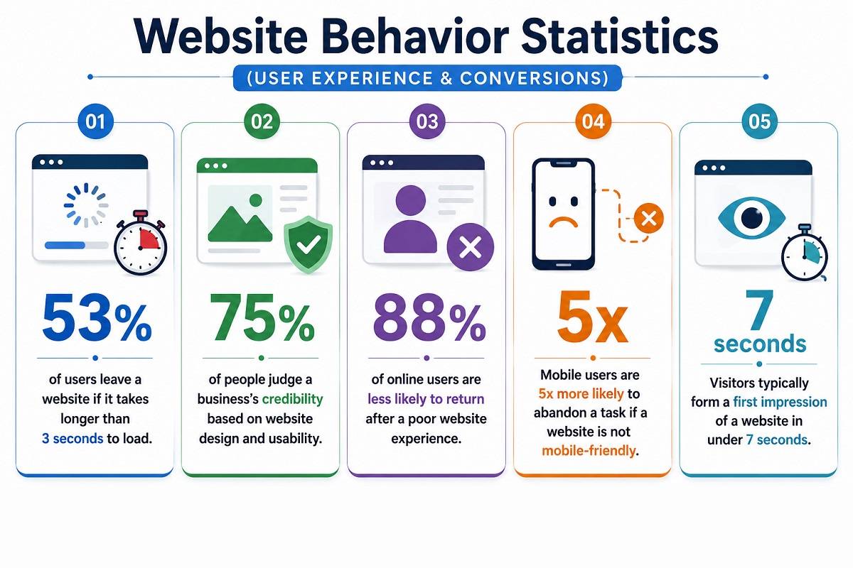 Infographic showing website behavior statistics related to loading speed, credibility, mobile usability, bounce rates, and first impressions. Infographic showing website behavior statistics related to loading speed, credibility, mobile usability, bounce rates, and first impressions.