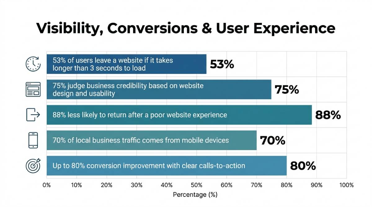 Bar chart titled “Visibility, Conversions & User Experience” showing stats: 53% leave slow sites, 75% judge credibility by design, 88% don’t return after poor experience, 70% of traffic is mobile, and clear calls to action can boost conversions up to 80%. Bar chart titled “Visibility, Conversions & User Experience” showing stats: 53% leave slow sites, 75% judge credibility by design, 88% don’t return after poor experience, 70% of traffic is mobile, and clear calls to action can boost conversions up to 80%.