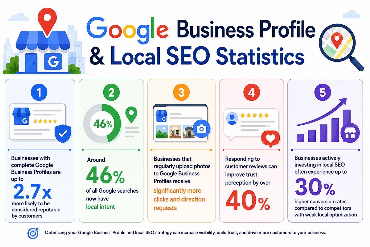 Infographic showing that optimizing a Google Business Profile increases reputation (2.7x), engagement (via photos/reviews), and conversion rates (up to 30%), noting that 46% of all Google searches have local intent.