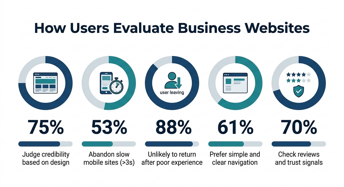 An infographic titled “How Users Evaluate Business Websites” showing that 75% judge credibility by design, 53% abandon slow mobile sites, 88% won’t return after a poor experience, 61% prefer clear navigation, and 70% check for reviews and trust signals.