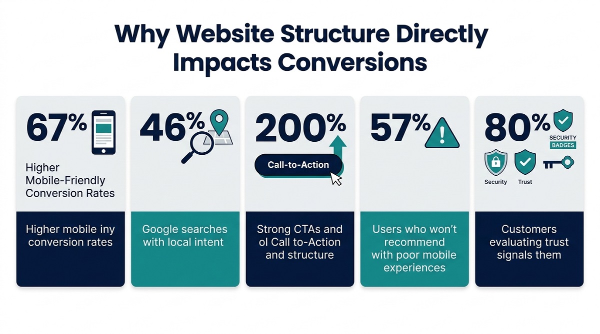 Infographic titled “Why Website Structure Directly Impacts Conversions” featuring five statistics: 67% higher mobile conversion rates, 46% of Google searches have local intent, 200% boost from strong CTAs and structure, 57% of users won’t recommend sites with poor mobile experiences, and 80% of customers evaluate trust signals.