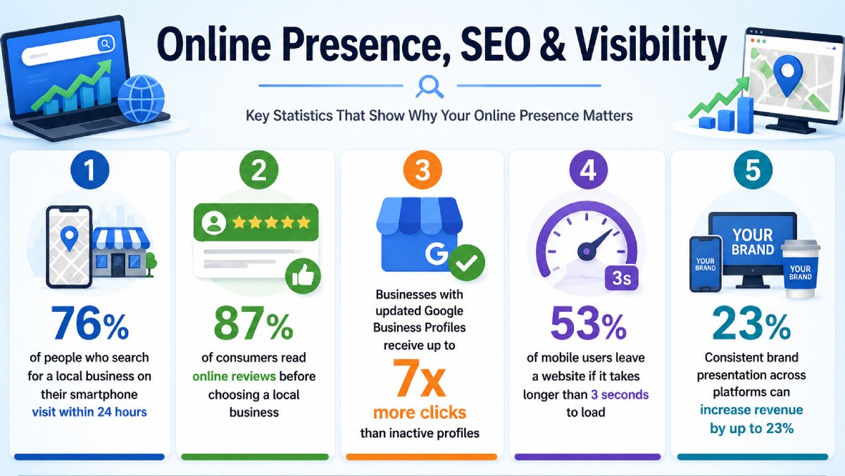 Infographic showing key online presence, SEO, and visibility statistics, including local search behavior, online reviews, Google Business Profile performance, website speed, and brand consistency. Infographic showing key online presence, SEO, and visibility statistics, including local search behavior, online reviews, Google Business Profile performance, website speed, and brand consistency.