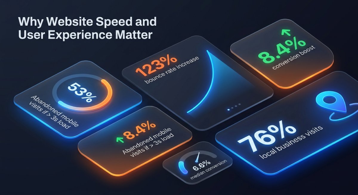 Infographic showing why website speed and user experience matter, featuring key stats on bounce rate, abandoned mobile visits, conversions, and local business visits.
