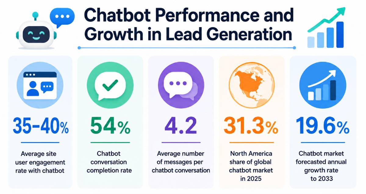 Infographic highlighting chatbot performance and growth in lead generation, including engagement rates, conversation completion rates, average messages per chat, North American market share, and projected chatbot market growth.