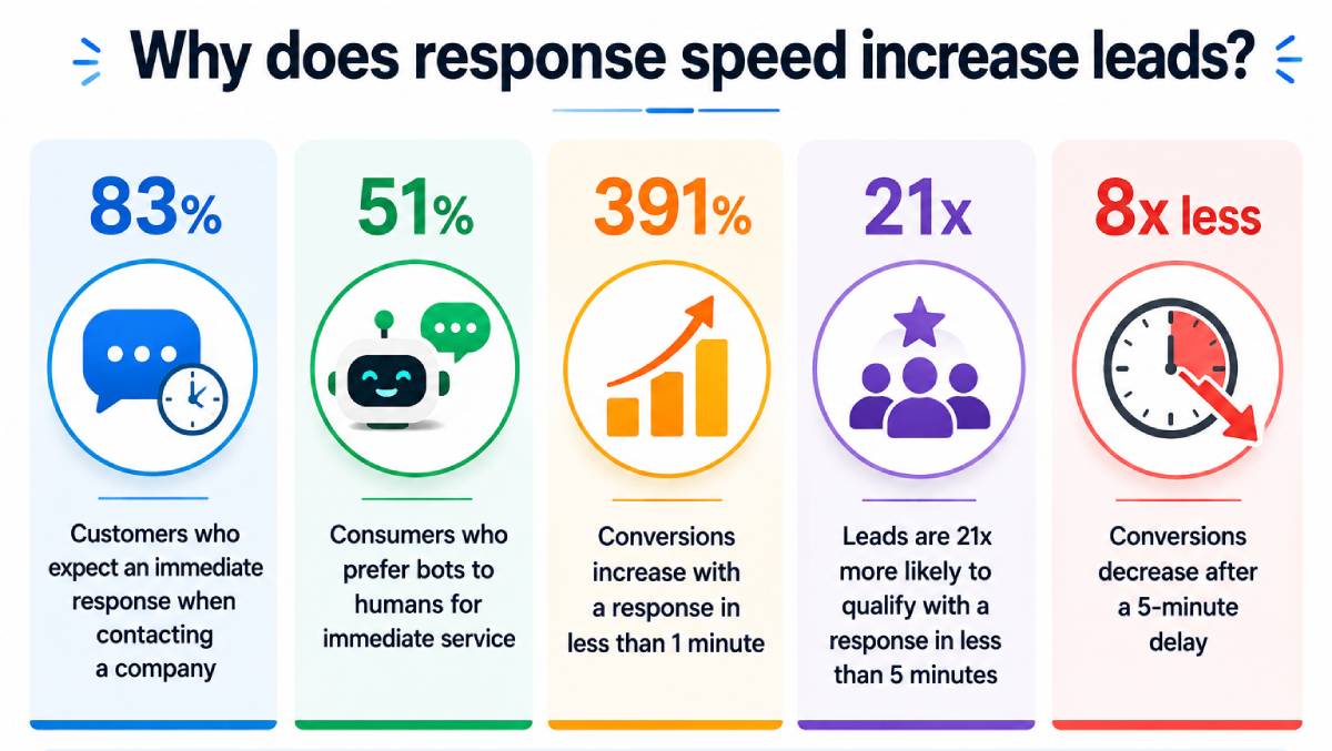 Infographic showing how faster response times increase leads, including statistics on customer expectations, chatbot preferences, higher conversions, and improved lead qualification with quick responses. Infographic showing how faster response times increase leads, including statistics on customer expectations, chatbot preferences, higher conversions, and improved lead qualification with quick responses.