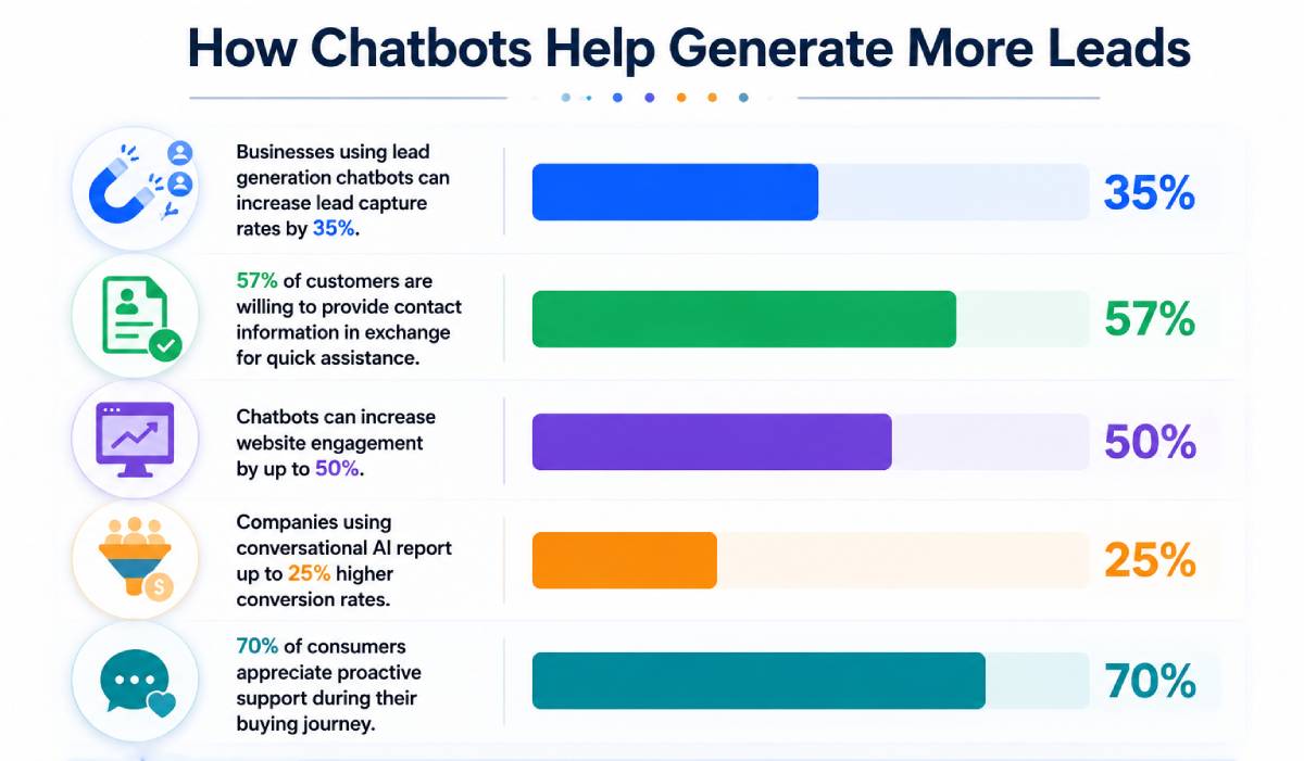 Infographic showing how chatbots help generate more leads, improve engagement, increase conversions, and boost customer interaction.