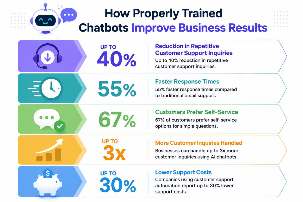 Infographic showing how trained chatbots improve business performance through faster responses, lower costs, and increased efficiency.