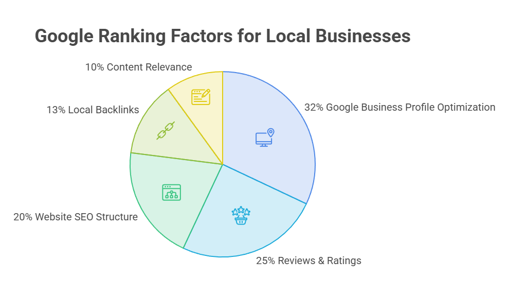 Pie chart showing the most important Google ranking factors for local businesses, including Google Business Profile optimization (32%), reviews and ratings (25%), website SEO structure (20%), local backlinks (13%), and content relevance (10%). Pie chart showing the most important Google ranking factors for local businesses, including Google Business Profile optimization (32%), reviews and ratings (25%), website SEO structure (20%), local backlinks (13%), and content relevance (10%).